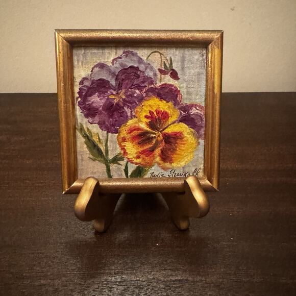 Vintage Pansy Oil Painting On Wood 4" Floral Purple Yellow Germany Artist Signed - Picture 1 of 15